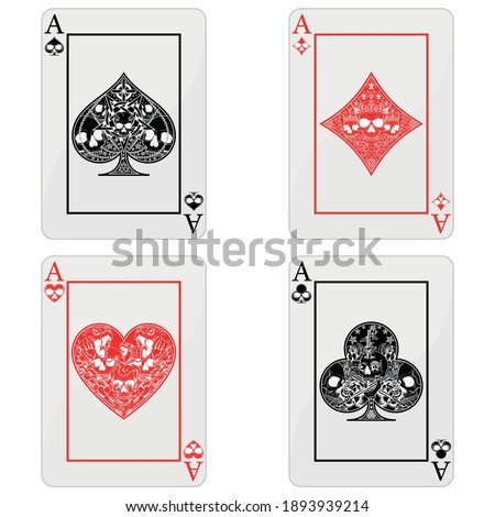 Poker cards with skulls, the symbols of heart, diamond, club and ace with different line styles.