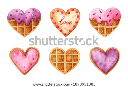 Valentine's day watercolor set with heart shaped desserts. Belgian waffles with glaze and sprinkles and without toppings, cookies with berry filling and festive decor. Perfect for cards, prints, menu.