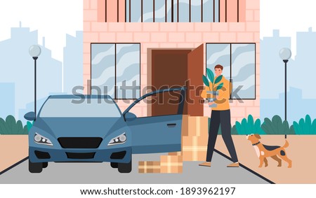 Male character is moving to a new house. Man is carrying and loading boxes into blue car because of relocating. Flat cartoon vector illustration