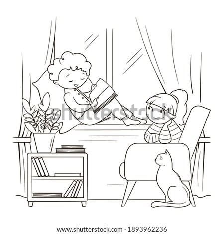 Children are reading a book. The boy sits on the windowsill with a book in his hands, and the girl in the chair listens to him. A cat sits on the floor nearby. Coloring book for children, black and wh
