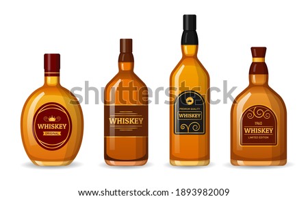 Set of Whiskey Bottles labeled. Alcohol Design Elements on White Background.