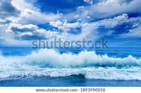 Bright ocean landscape. Sea waves and beautiful sky with white clouds.
