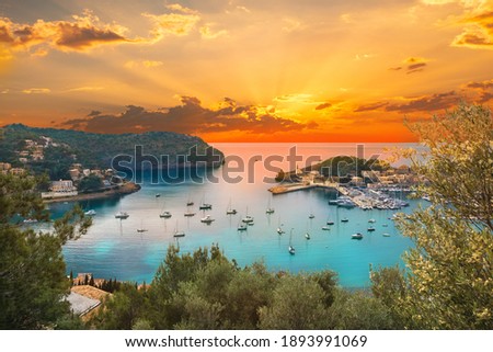 View of the famous Soller Port Marina and Dockland illuminated by sunset light in Palma de Majorca in Spain in summer season Royalty-Free Stock Photo #1893991069