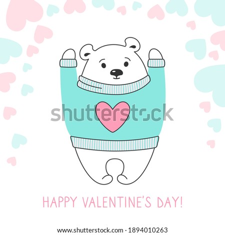 Happy valentines Day greeting card, polar bear in sweater, hearts. Draw doodle cartoon style. Romantic banner cute hand drawn bear teddy. Design for print, about love hearts vector illustration
