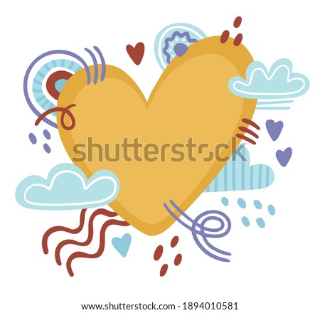 Valentine's day cards with space for your text. Simple cute doodle style. Yellow heart in the clouds. Suitable for congratulations, invitations, cards, postcards, design elements.