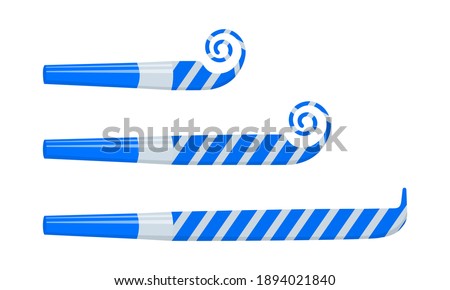 Rolled and unrolled party blowers, horns, noise makers, sound whistles isolated on white background. Side view. Christmas celebration, holidays, kids birthday concept. Vector cartoon illustration. Royalty-Free Stock Photo #1894021840