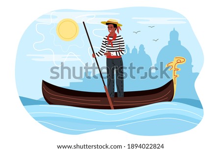 Professional male gondolier floating on gondola. Italian summer sunny landscape on the background. Flat cartoon vector illustration