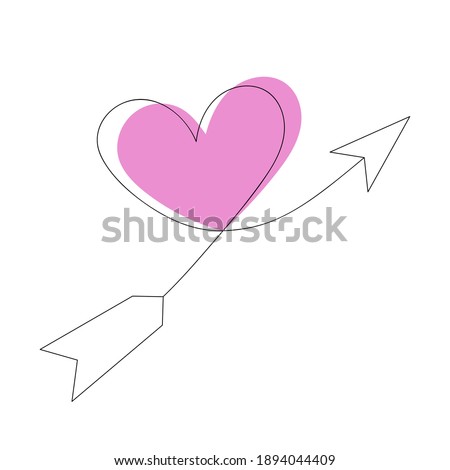 Arrow with pink heart, linear flat illustration for Valentine's Day. Cute love stock vector illustration, Cupid's arrow, shot in love heart, can be used as a sticker. Isolated on white background.