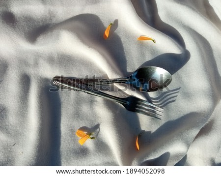 spoons and forks are cutlery with a white cloth background