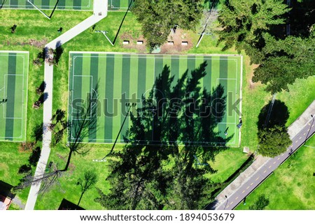 Aerial top view over a football field covered in the shade of the pine trees alongside