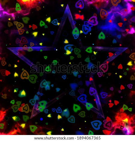 Fantasy illustration of hearts, star and nebula sky in rainbow colors on black background, vivid happy birthday card
