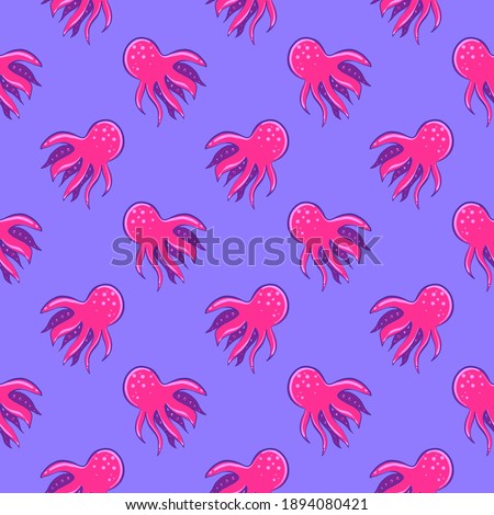 Pink squid , seamless pattern on a purple background.
