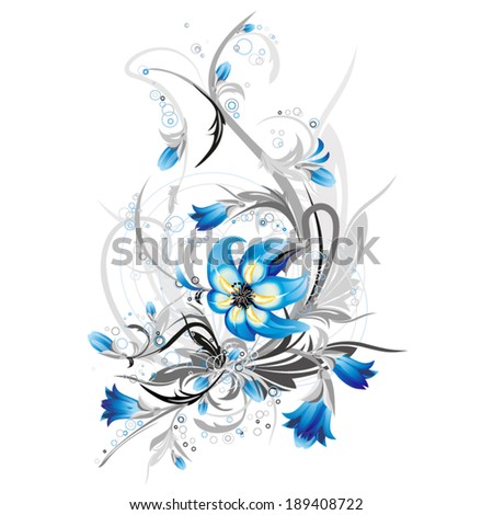 vector decorative floral composition with blue flowers and creative grey elements 