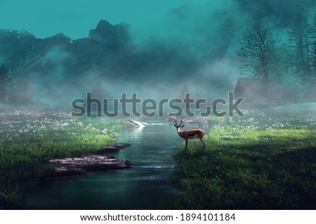 deer in the fantasy dark and moody river Royalty-Free Stock Photo #1894101184
