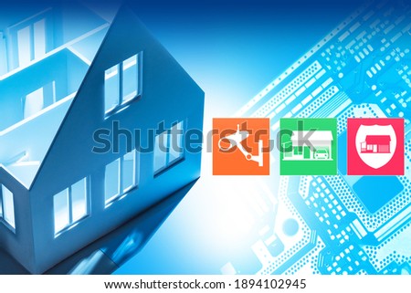 Safe house symbols next to cottage layout. Home safety. Camera and shield signs as a symbol of safety. Security concept with a smart home system. Installation of video surveillance in a private house
