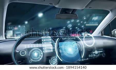 Interior of autonomous car. Driverless vehicle. Royalty-Free Stock Photo #1894154140