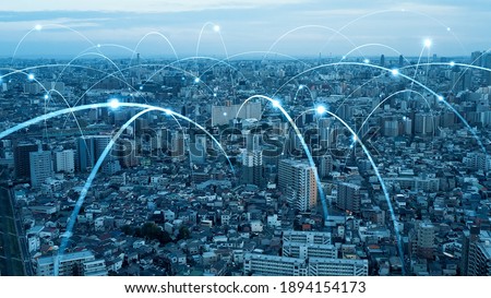 Smart city and communication network concept. 5G. IoT (Internet of Things). Telecommunication. Royalty-Free Stock Photo #1894154173