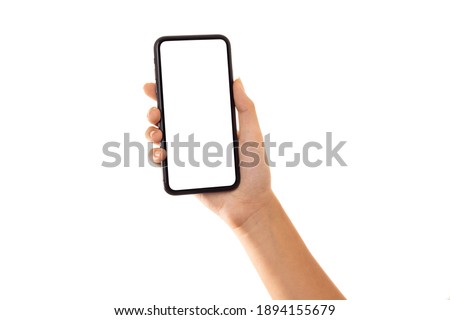 Hand woman holding smartphone with blank screen isolated on white background with clipping path Royalty-Free Stock Photo #1894155679