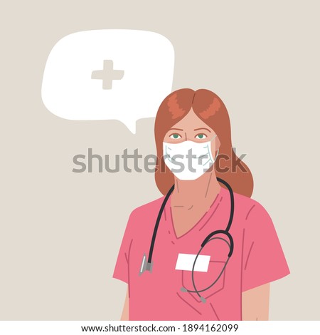 Doctor or Nurse wearing Medical Face Mask. Young  medical person profession modern vector flat illustration. Doctor and hospital staff cartoon character and speech bubble. 