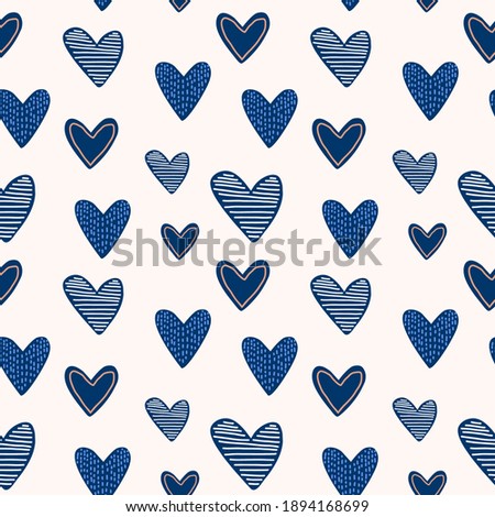 Valentine's day cute elements set. Funny cartoon blue hearts repeated hand drawn on white background. Childish print for cards, stickers, apparel and party invitation. Vector illustration