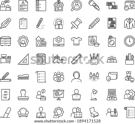 Thin outline vector icon set with dots - hr manager vector, permanent recruitment, job interview, resume, Laundry service, Business Company, Small, Stationery, Pencil, and ruler, Folder, Eraser, Pin