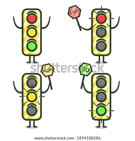 traffic light mascot illustration holding a traffic sign. vector bundle