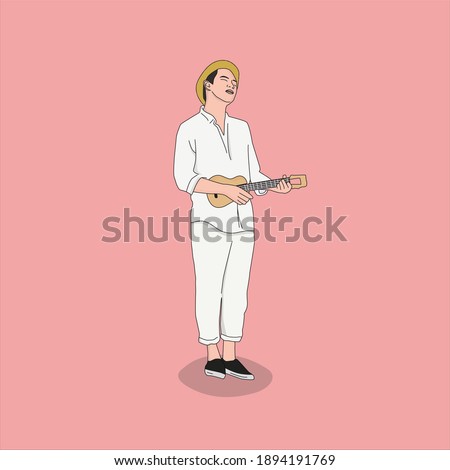 Boy playing guitar, Playing guitar while enjoying it. Hand drawn style vector design illustrations.