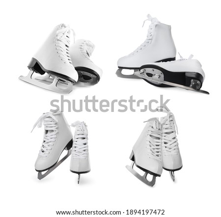 Set with ice skates on white background