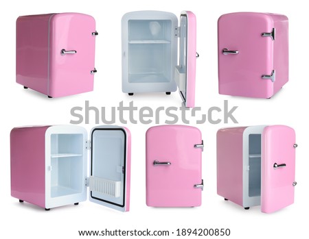 Set with mini refrigerators for cosmetics on white background  Royalty-Free Stock Photo #1894200850