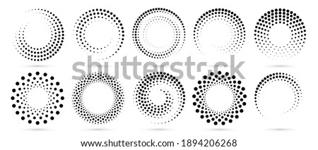Half tone circle. Round dotted frame, circles pattern border and abstract halftone graphic design vector set