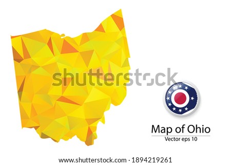 Abstract Polygon Map and Button Flag - Vector illustration Low Poly Color Yellow Ohio map of isolated. Vector eps10.