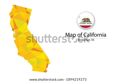 Abstract Polygon Map and Button Flag - Vector illustration Low Poly Color Yellow California map of isolated. Vector eps10.