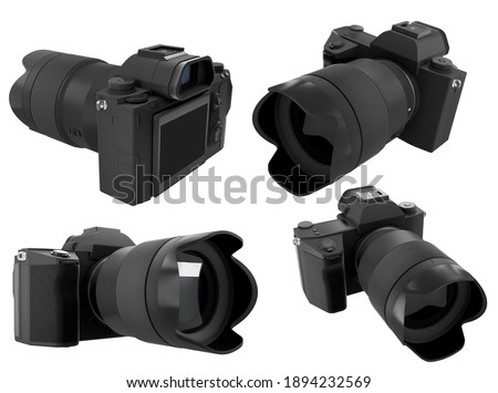 Concept of nonexistent DSLR camera with macro lens isolated on a white background with clipping path. 3D rendering and illustration of professional photography gear for live studio photo shooting