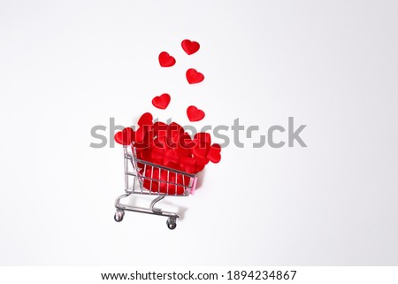 valentine's day white background, grocery cart and red heart, sale, minimalism. High quality photo