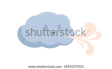 Cute blue cloud with funny angry face with blowing wind. Windy weather icon. Sweet baby character with gust of air from its mouth. Childish flat vector illustration isolated on white background Royalty-Free Stock Photo #1894237033