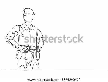 Single continuous line drawing of young handyman bringing equipment tools on his waist. Professional work job occupation. Minimalism concept one line draw graphic design vector illustration