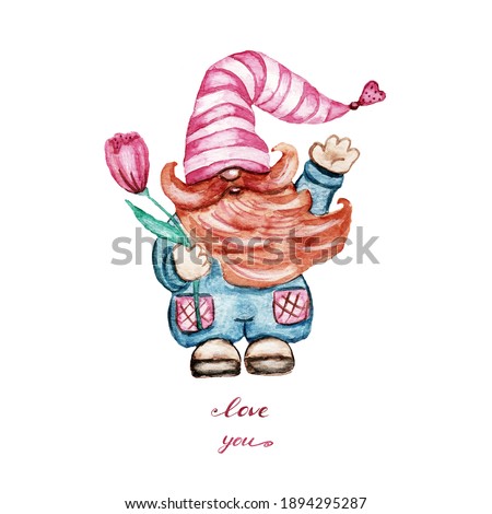 Love you Valentine's Day Card with cute male gnome in big hat, holding tulip flower, watercolor illustration
