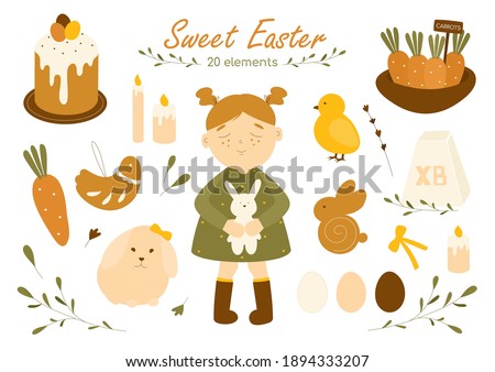 Sweet Easter. Vector set of cute Easter cartoon characters and design elements. 