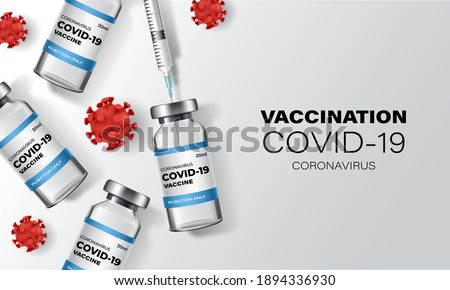 Creative design for Coronavirus vaccine banner background. Covid-19 coronavirus vaccination shot with vaccine bottle and syringe injection tool for covid19 immunization treatment. Vector illustration Royalty-Free Stock Photo #1894336930