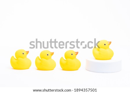 Leadership concept. A group of yellow rubber duck following the leader
