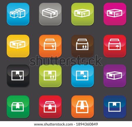 Simple set of box and crates related vector icons for your design. Colored buttons on a dark background