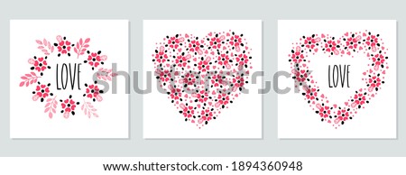 The word love in a flower frame in the shape of a heart. Valentine's day or wedding card set