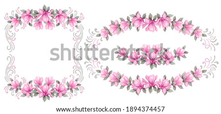 Set floral spring frame. Hand drawn painting watercolor pencils and paints pink magnolia flowers isolated on white background. Wedding frame.