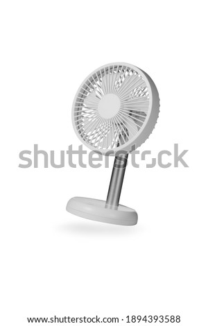 A white mini fan is floating in the air. If you are looking for a picture of a white fan, use this picture
