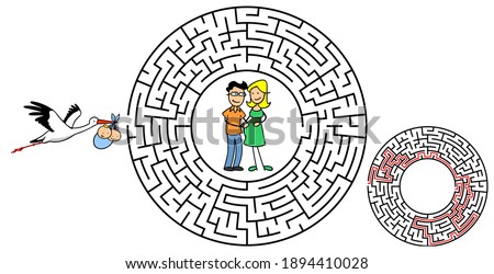 Cartoon stork brings children to parents in circle maze as solution game and parenting concept