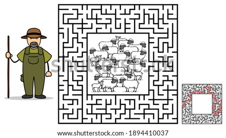 Shepherd with flock of sheep Theme for a puzzle maze in a square format as a game with solution