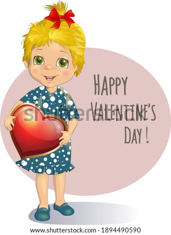 Cute girl holding a big heart Happy Valentine's Day illustration. Adorable kid child in cartoon style isolated clipart Vector illustration. Character for congratulation with wedding, birthday card 