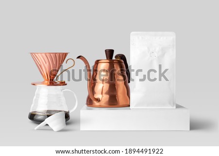 Blank coffee packaging, copper pot, dripper, front view coffee packaging mockup with empty space to display your branding design.