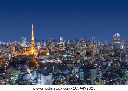 Tokyo, Japan modern urban skyline at night overlooking the tower.