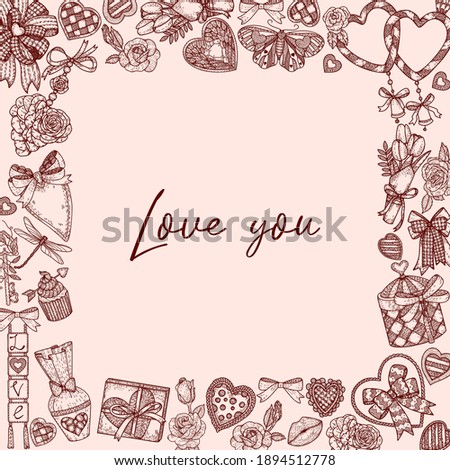 Holiday vector hand draw frame for Valentine's day. Cute romantic doodle illustration. Vintage design. For for packaging, wedding, birthday, Valentine's Day, Mother's Day
